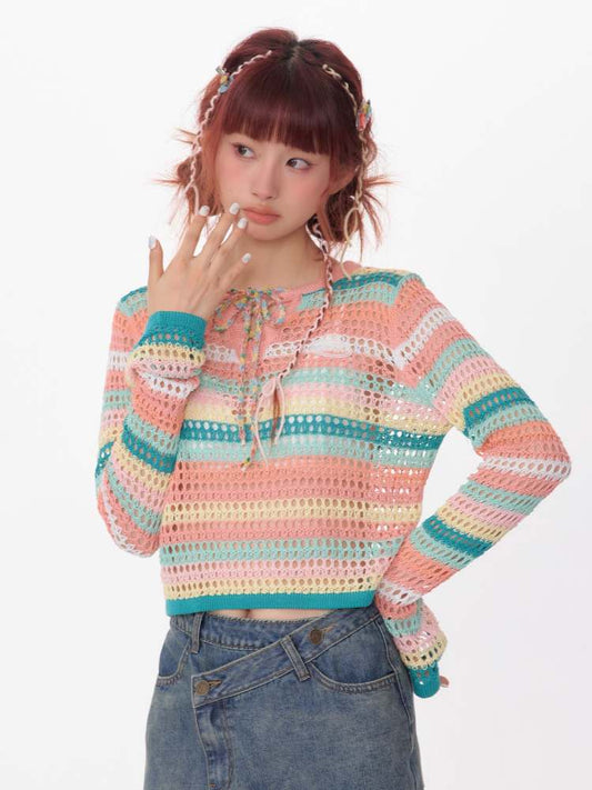 Cropped Contrast Stripes Crochet Knit【s0000007130】