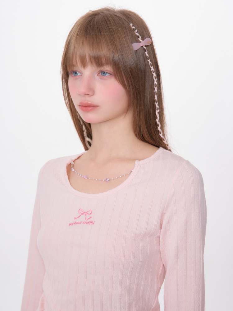 Neck Chain Ribbon Embroidery Rib Knit [s0000007132]