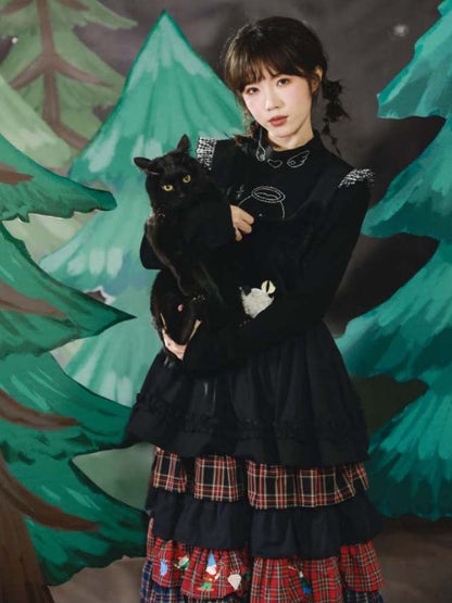 Black Cat Embroidery Race Apron Dress【s0000007127】