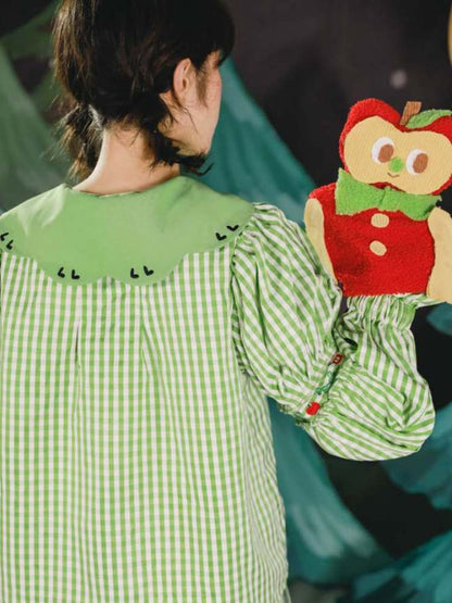 Apple Bug Embroidery Puff Sleeve Shirt【s0000007125】