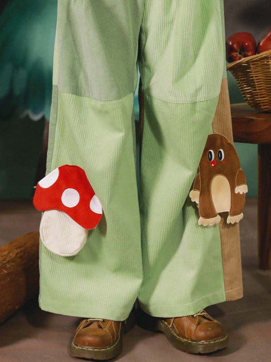 Mushroom Mole 3D Pocket Corduroy Contrast Flare Wide Pants【s0000007126】