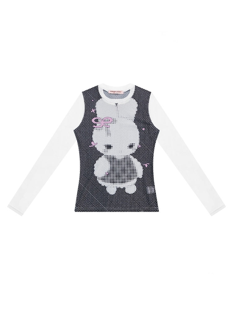 Pixel Rabbit Print Crew Neck Long Sleeve T-Shirt【s0000011917】