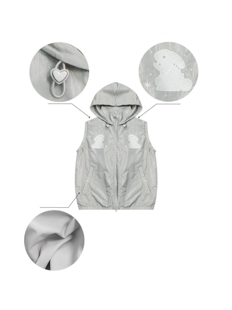 Rabbit Embroidery Sports Style Double-Zip Hooded Vest【s0000011913】