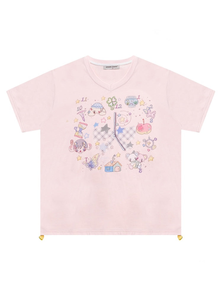 Cartoon Print Pattern V-Neck Short Sleeve T-Shirt【s0000011914】