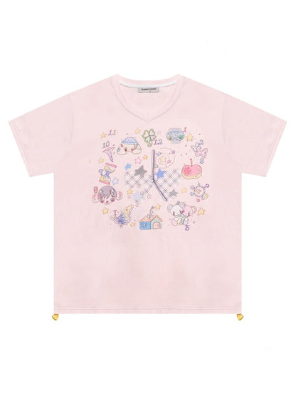 Cartoon Print Pattern V-Neck Short Sleeve T-Shirt【s0000011914】