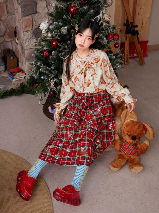 Red plaid Christmas pleated skirt【s0000005347】