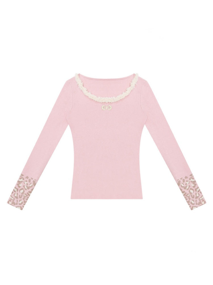 Leopard Print Cuff Long Sleeve T-Shirt Slimming Crew Neck Knitted Base Shirt【s0000015263】
