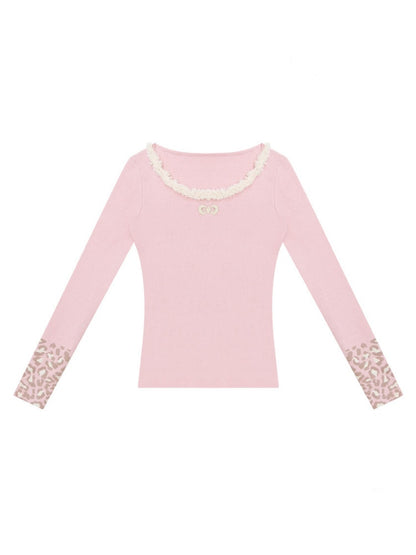 Leopard Print Cuff Long Sleeve T-Shirt Slimming Crew Neck Knitted Base Shirt【s0000015263】