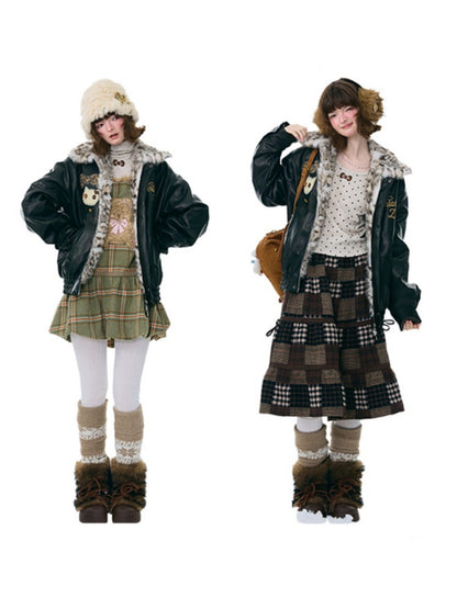 Fur Collar Thickened Leopard Print Plush PU Leather Jacket【s0000015259】