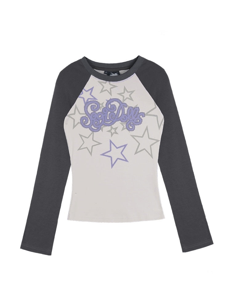 Star Print Raglan Shoulder Long Sleeve T-Shirt【s0000011929】