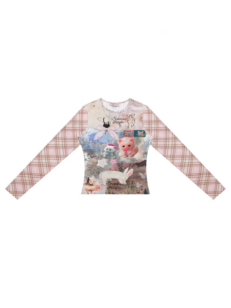 Pink Check Rabbit Print Slim Long Sleeved T-Shirt【s0000011921】