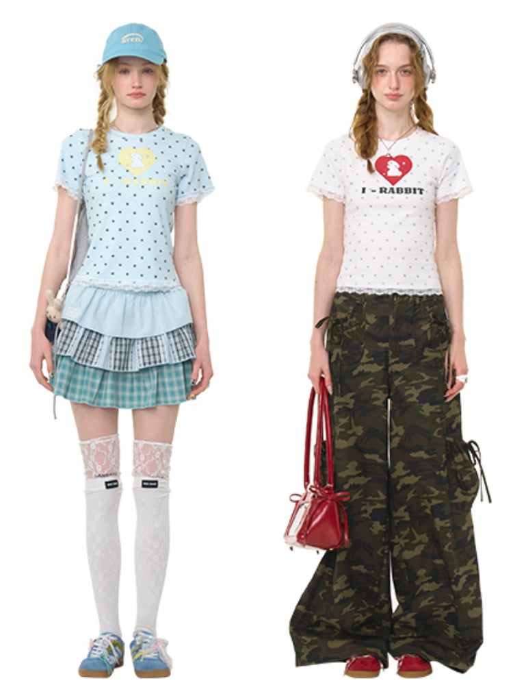 Polka Dot Star Heart Rabbit Print Crew Neck Short Sleeve T-Shirt【s0000013012】