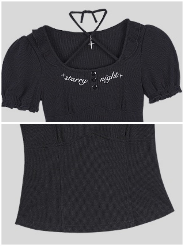 Embroidered Halter Neck Puff Sleeve Tops【s0000011933】