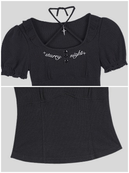 Embroidered Halter Neck Puff Sleeve Tops【s0000011933】