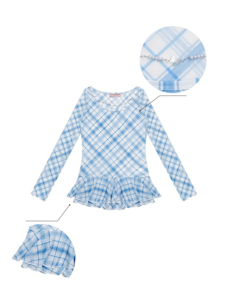 Semi Sheer Blue Plaid Hem Ruffles Long Sleeve T-Shirt【s0000011922】
