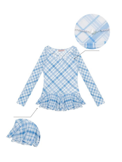 Semi Sheer Blue Plaid Hem Ruffles Long Sleeve T-Shirt【s0000011922】