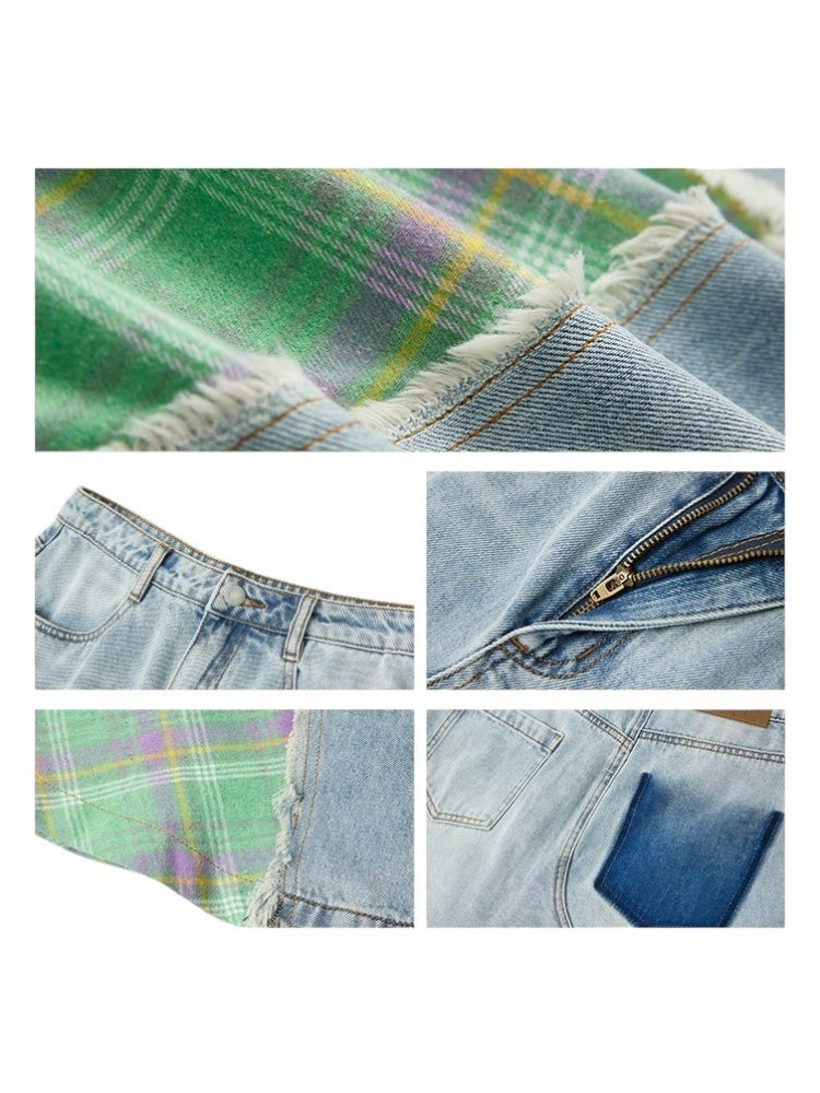 Front Slit Denim Checked A-Line Skirt【s0000011905】