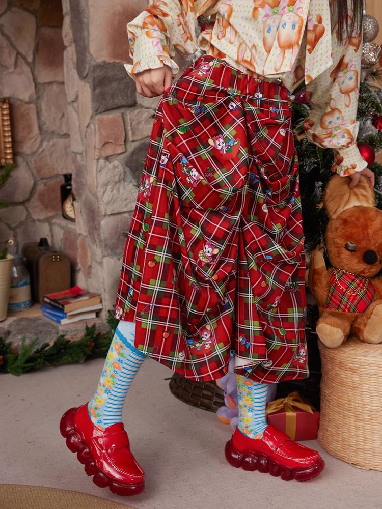 Red plaid Christmas pleated skirt【s0000005347】