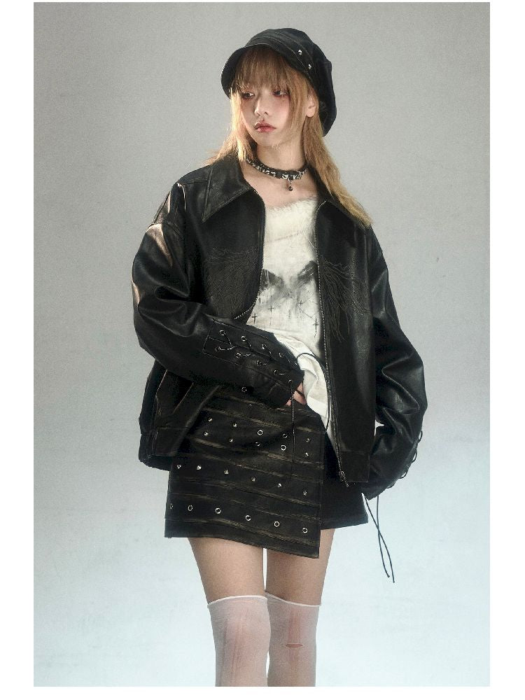 Moth Print Tie Loose Leather Jacket【s0000004627】