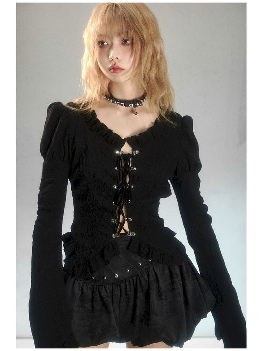 Vintage Black Printed Rivet Irregular Pod Skirt【s0000004633】