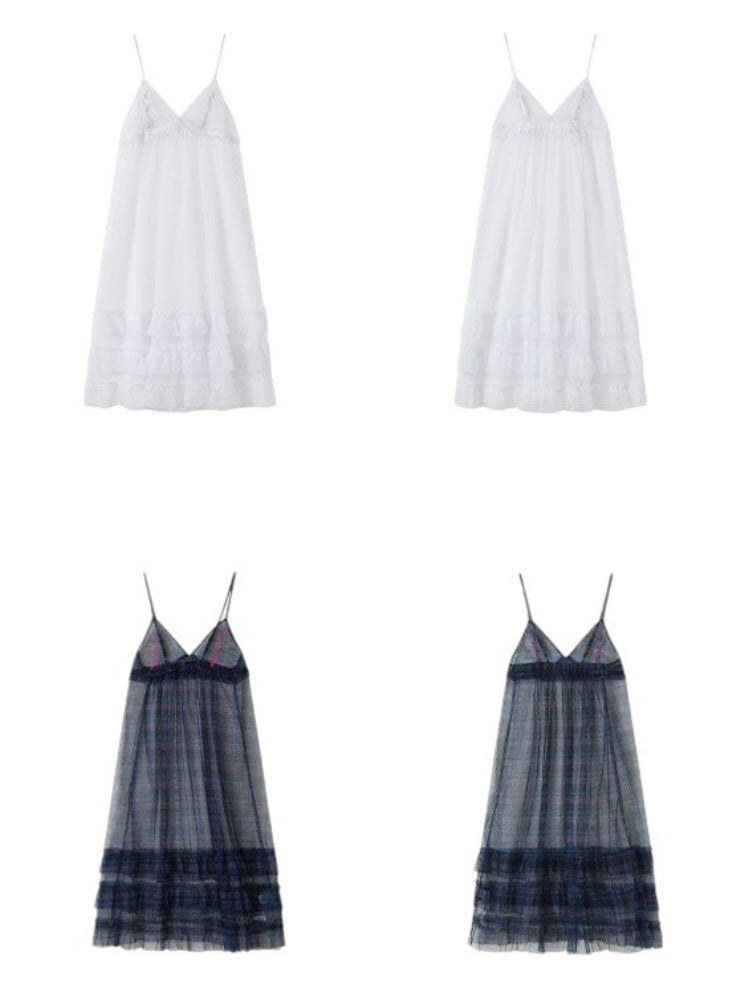 Tiered Frill A-Line Sheer V-Neck Camisole Dress【s0000011907】