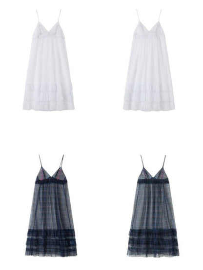 Tiered Frill A-Line Sheer V-Neck Camisole Dress【s0000011907】