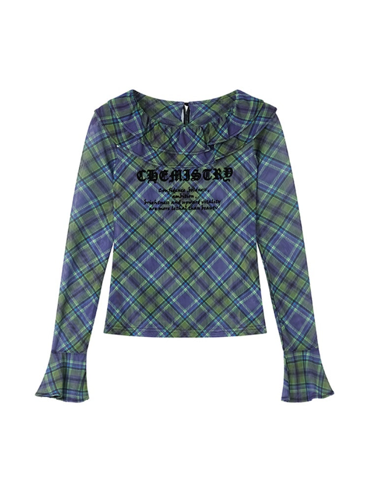 Chemistry Message Print Ruffle Check Long Sleeve T-Shirt【s0000011899】