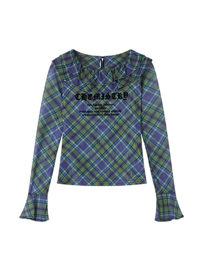 Chemistry Message Print Ruffle Check Long Sleeve T-Shirt【s0000011899】