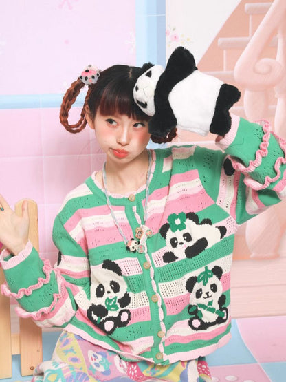 Panda print striped knit cardigan【s0000005368】