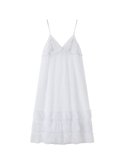 Tiered Frill A-Line Sheer V-Neck Camisole Dress【s0000011907】