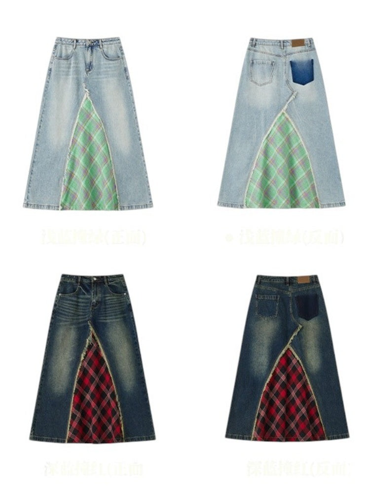 Front Slit Denim Checked A-Line Skirt【s0000011905】