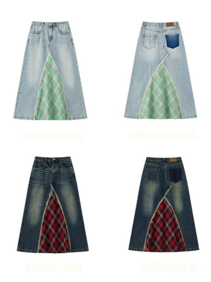 Front Slit Denim Checked A-Line Skirt【s0000011905】