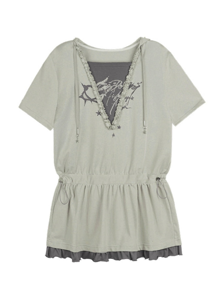 Graffiti Print Fake Layered Frill Drawstring Dress【s0000011930】
