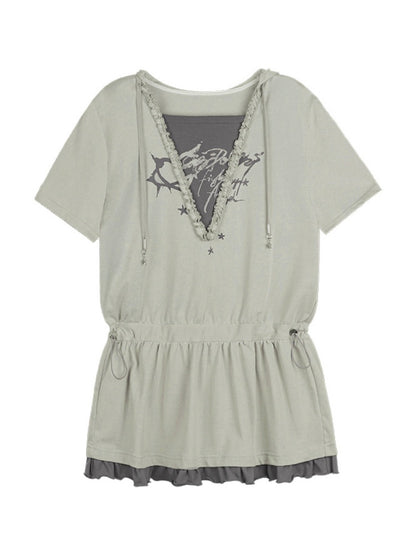 Graffiti Print Fake Layered Frill Drawstring Dress【s0000011930】