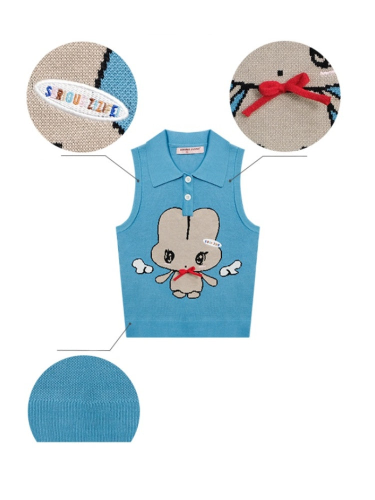 Cartoon Pattern Bow Polo Neck Knitted Vest【s0000011920】