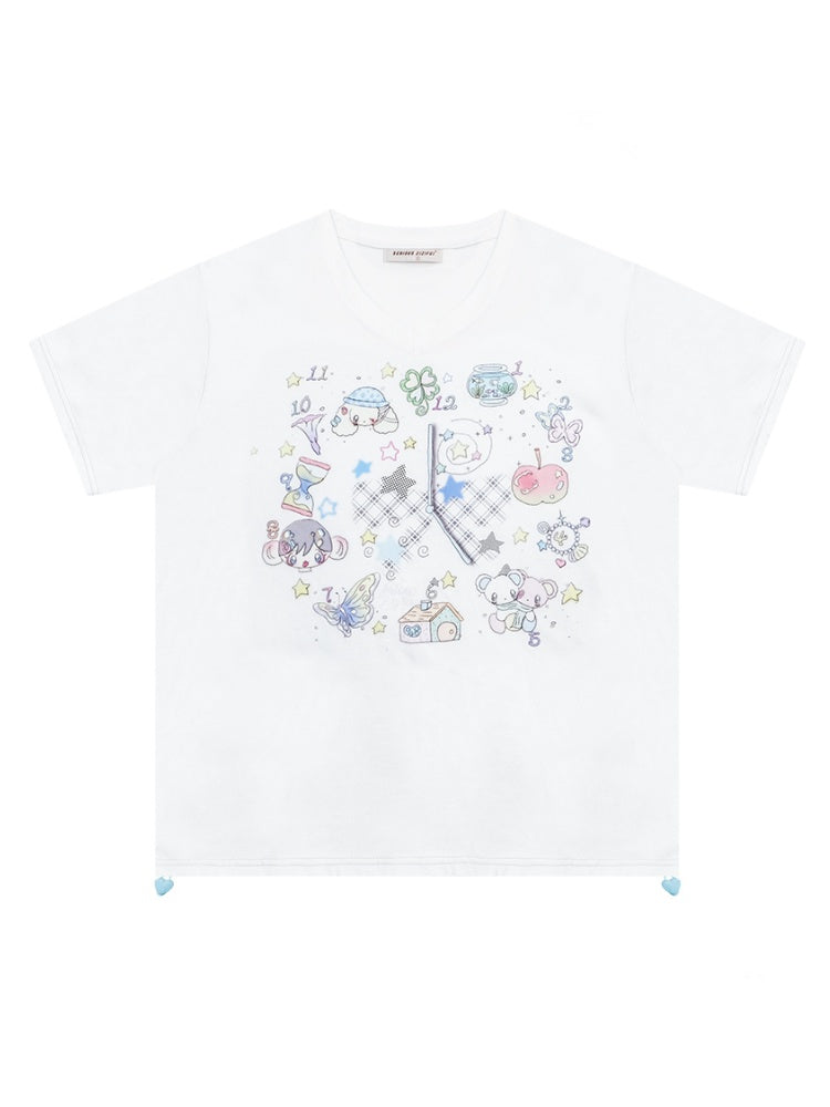 Cartoon Print Pattern V-Neck Short Sleeve T-Shirt【s0000011914】