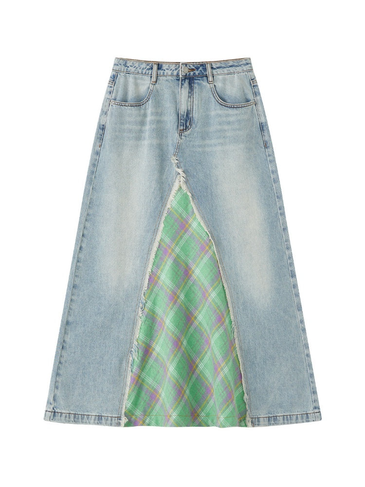 Front Slit Denim Checked A-Line Skirt【s0000011905】