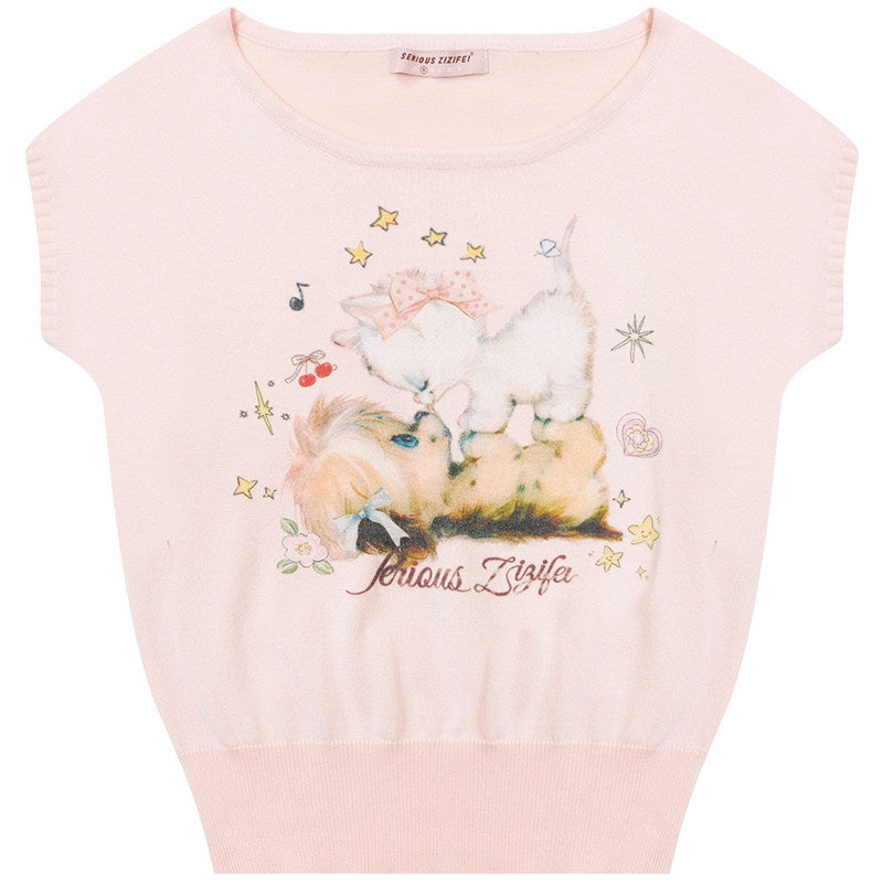 Printed Round Neck Knitted T-Shirt【s0000016620】