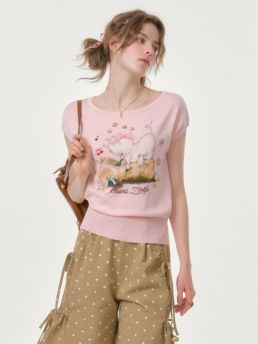 Printed Round Neck Knitted T-Shirt【s0000016620】