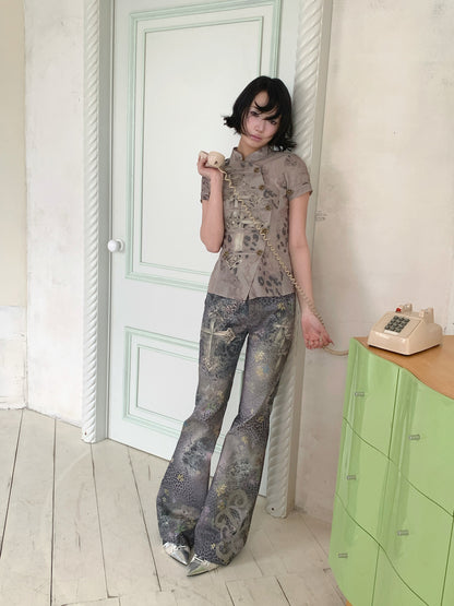 Leopard Cross Cotton Flared Pants【s0000018087】