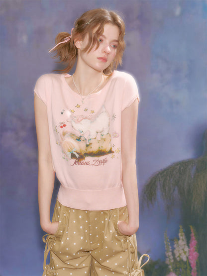 Printed Round Neck Knitted T-Shirt【s0000016620】