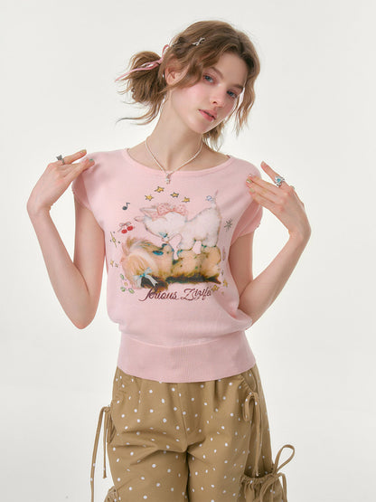 Printed Round Neck Knitted T-Shirt【s0000016620】