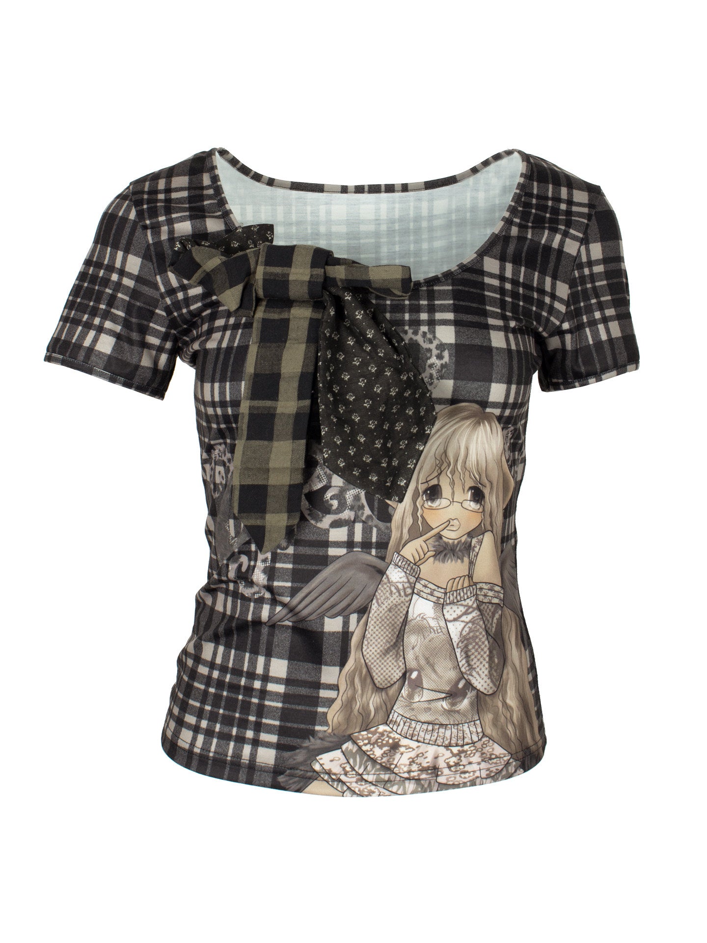 Patchwork Bow Cartoon Check T-Shirt【s0000018082】