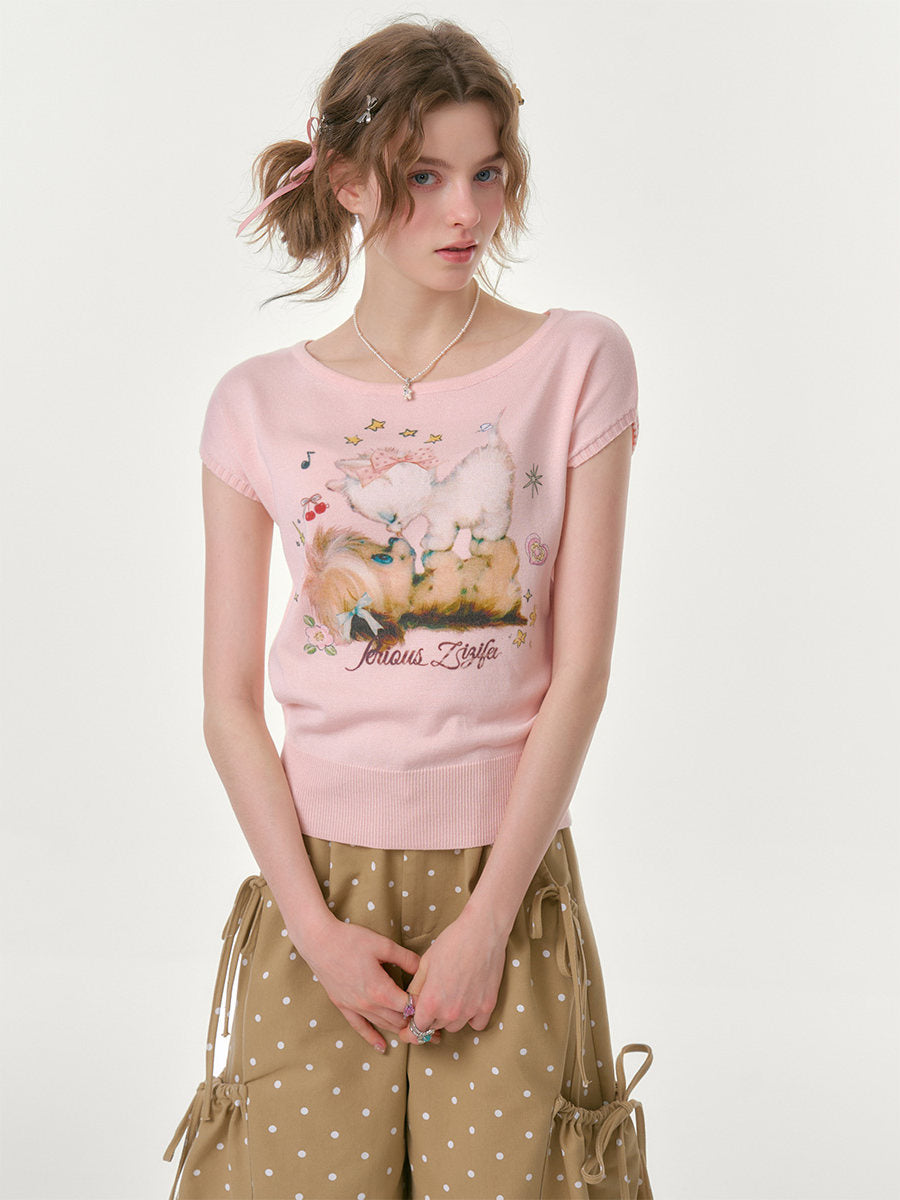 Printed Round Neck Knitted T-Shirt【s0000016620】