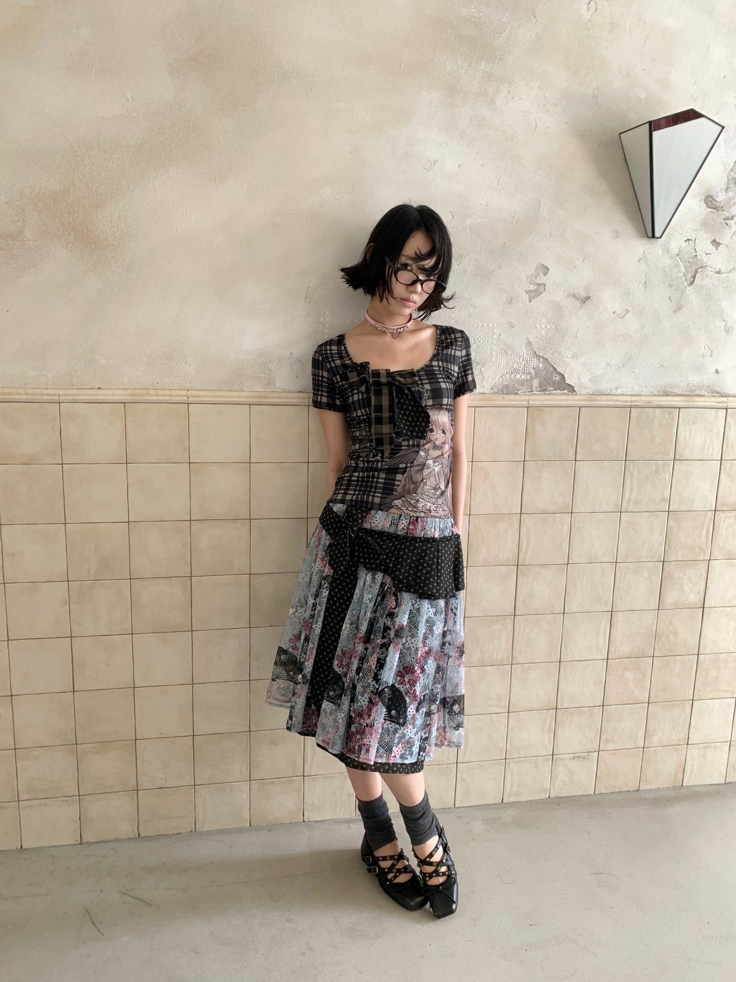 Patchwork Bow Cartoon Check T-Shirt【s0000018082】