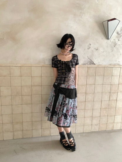 Patchwork Bow Cartoon Check T-Shirt【s0000018082】