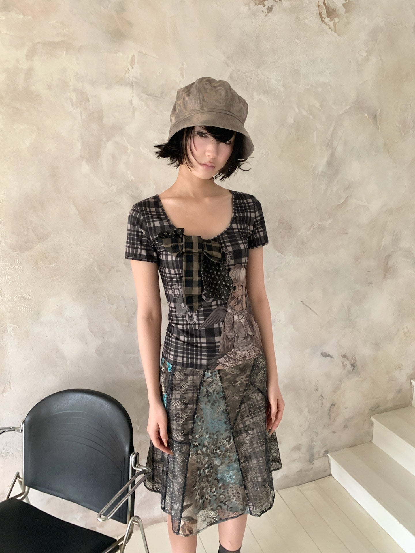 Patchwork Bow Cartoon Check T-Shirt【s0000018082】
