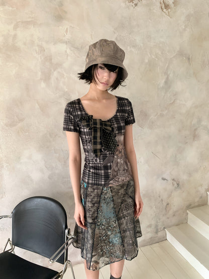Patchwork Bow Cartoon Check T-Shirt【s0000018082】