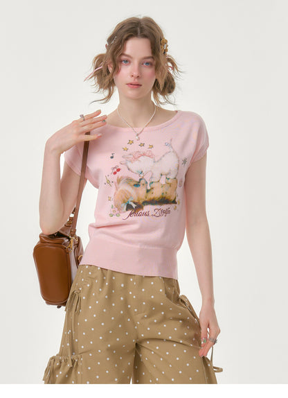 Printed Round Neck Knitted T-Shirt【s0000016620】