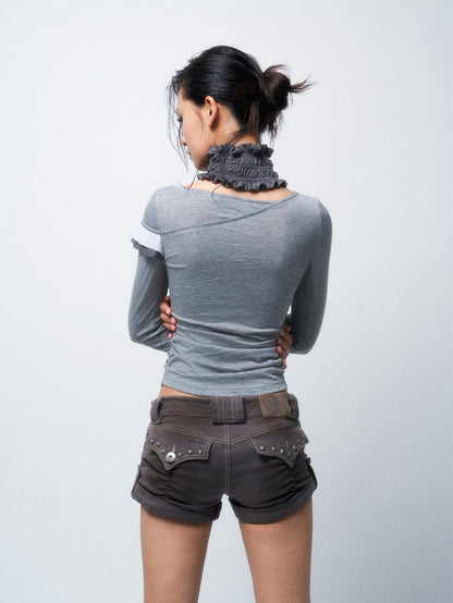 Washed Blue Grey Old Spice Denim Shorts【s0000016286】